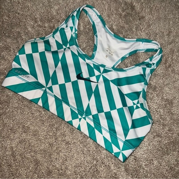 Nike Dri Fit Women’s Green and White Geometric Print Racerback Sports Bra Small - Picture 2 of 7